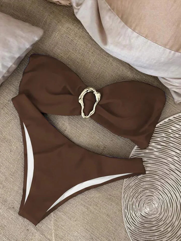 Sexy Solid Strapless Bikini 2 Piece Set Women Split Swimsuit Low Waist Beach Backless Bikini 2025 New Summer Swimwear Bikini Set