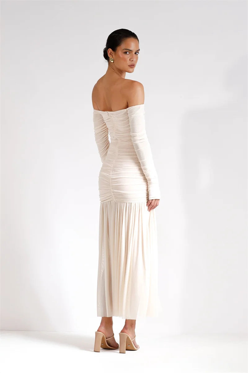 Mozision Off-shoulder Strapless Sexy Maxi Dress Women Summer New Patchwork Backless Long Sleeve Pleated Long Dress Elegant