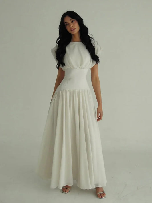 Elegant Sleeveless Girdling Long Dress Women O-neck High Waist Solid A-line Long Big Swing Dresses 2025 Summer Holiday Lady Robe