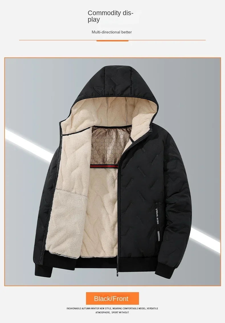 2024 new men's imitation wool cotton jacket thick and warm plus size loose and casual versatile solid color simple hooded top