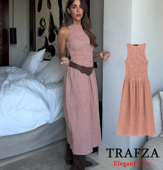 TRAFZA Women Elegant Plaid Vest Dress Sleeveless Stretch Bust Long Dress New 2025 Summer Fashion Romantic Vacation Dress