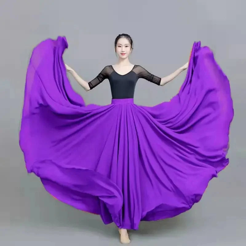 720 Degree Wide Dancing Skirt Chiffon Double Layer Semi-Long Dress Women's Solid Color Xinjiang Dance Skirt