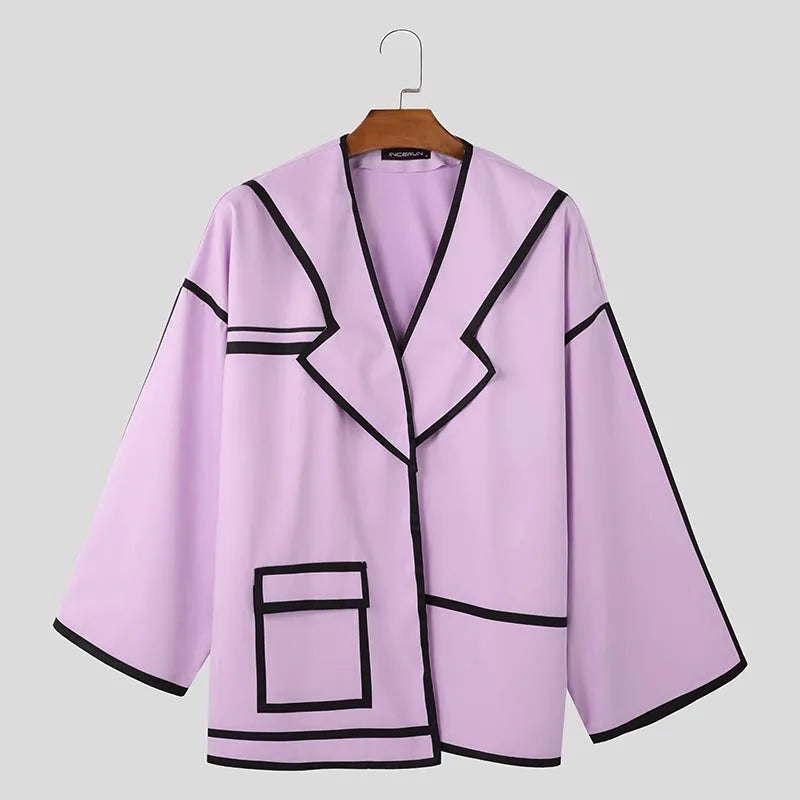 INCERUN Tops 2025 Fashion New Men Patchwork Lines Personality Suit Coat Casual City Walk Male Hot Sale Loose Long Sleeved Blazer