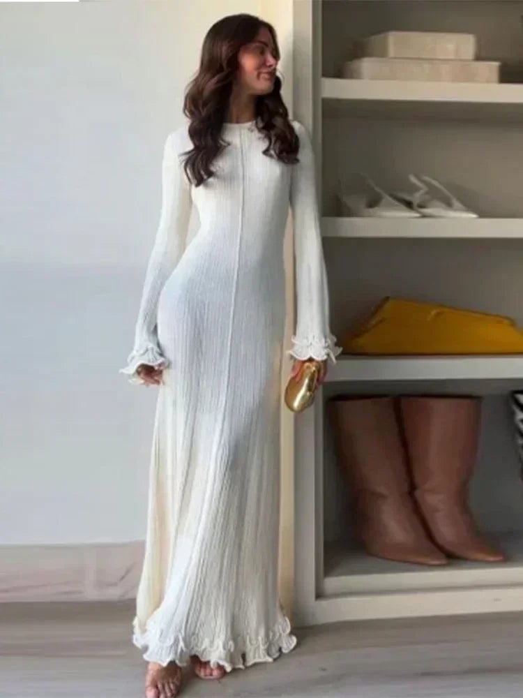 Fashion Ruffled Hem Knitted Long Dress Women Sexy O Neck Flare Long Sleeve Backless Lace Up Slim Dresses Female Vacation Robes