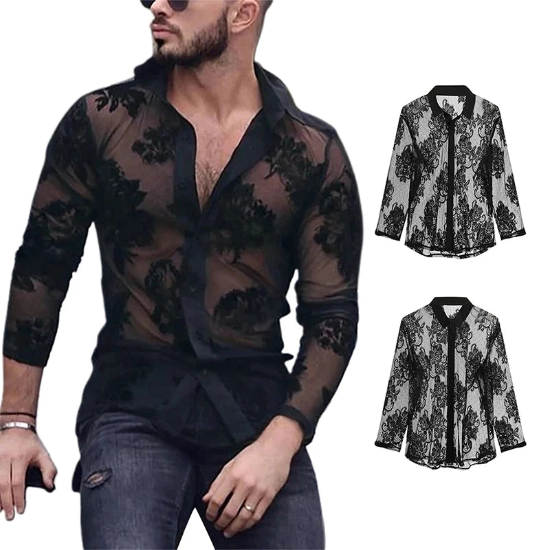 Men's Summer Shirts Lapel Neck Mesh Floral Print Long Sleeve Button-Down Casual Fashion Mature Tops