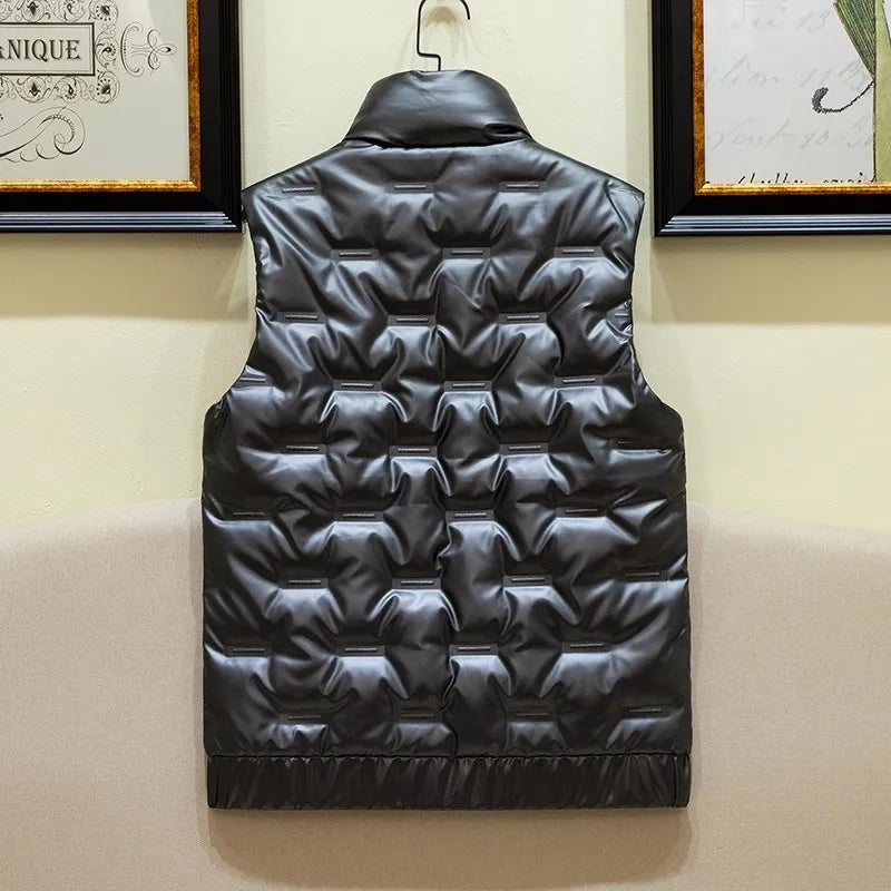 Black Men's Standing Collar Sleeveless Vest Coat, Winter Fashion Casual Waterproof Thick Jacket,Silver Windproof Waistcoat