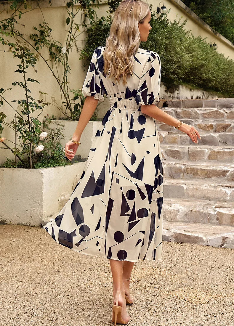 2024 Elegant High Quality Design summer long Dress Waist Cinching V-neck Print Elastic Waist Maxi  Dresses for Women Clothing