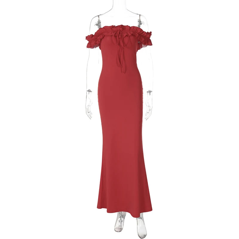 Sexy Off Shoulder Ruffles Women's Dresses Fashionable Lace Up Solid Slim Fit Long Dress Female Summer Beach Holiday Party