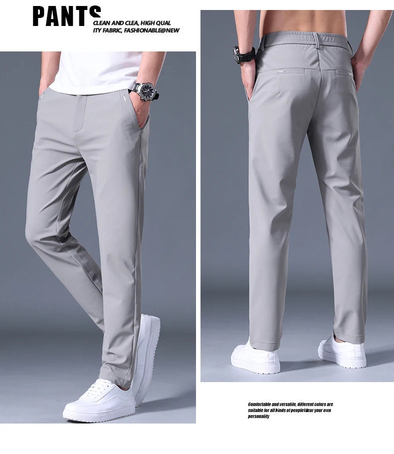 Summer Men's Casual Pants Thin Business Stretch Slim Fit Elastic Waist Jogger Korean Classic Blue Black Gray Brand Trousers Male