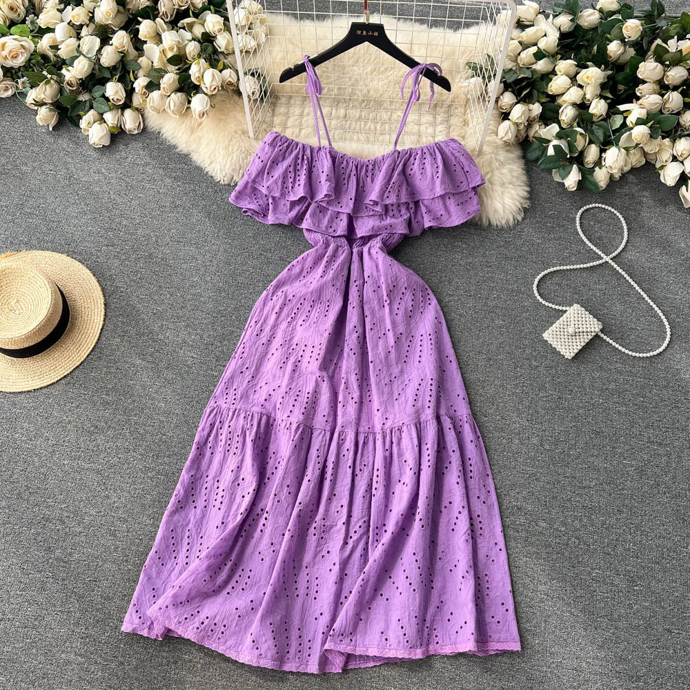 SINGREINY High Street Cotton Embroidery Long Dress Women Hollow Out Backless Beach Sundress Fashion Off the Shoulder Sexy Dress