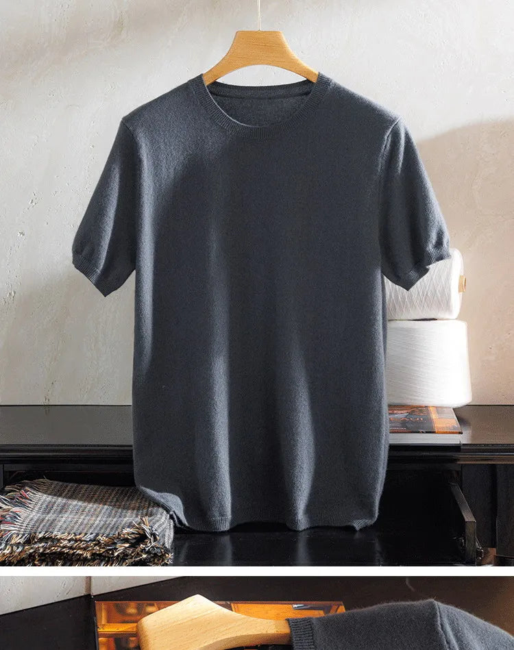 Superfine Merino Cashmere Knitted O-neck T-shirt for Men's Clothing Short Sleeve Tee Solid Color Trend Leisure Tee Tops ﻿