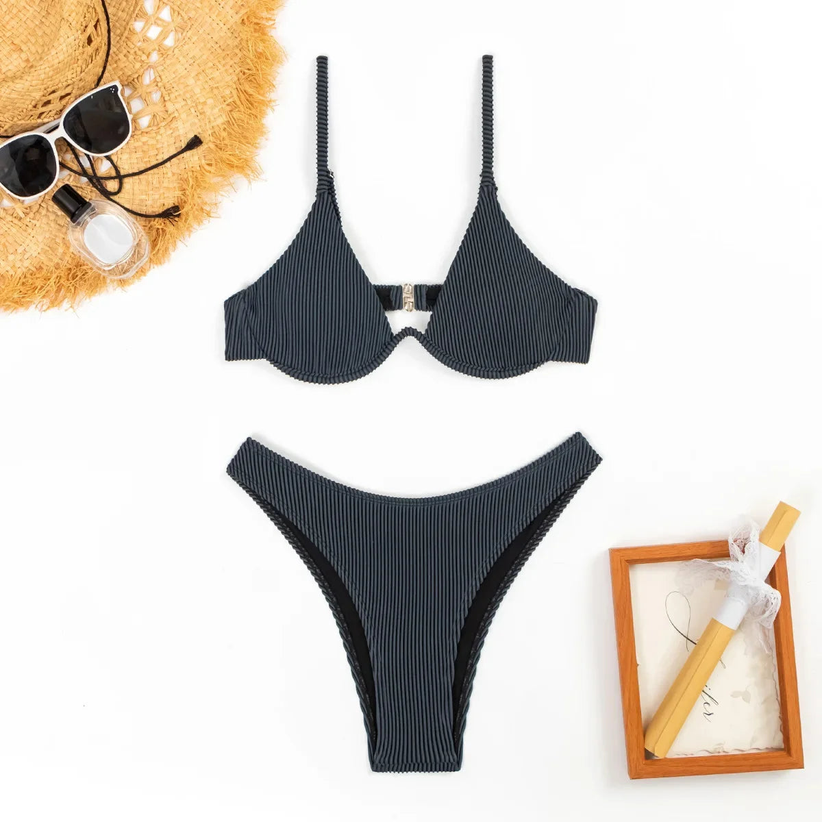 2024 New Women's Underwire Bikini Set,solid Color 2-piece Pit Striped Swimsuit,Fashion Sexy V-neck Bathing Suit with Chest Pad