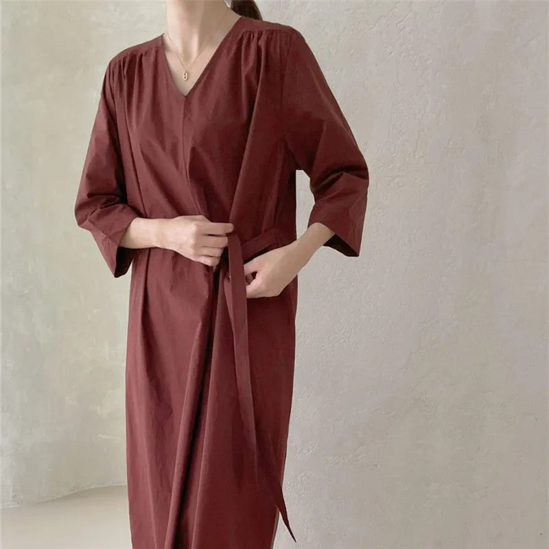 REALEFT 2024 New Summer Korean Vintage Women's Dresses Sashes Solid V-Neck Elegant Straight Loose Long Dress Female