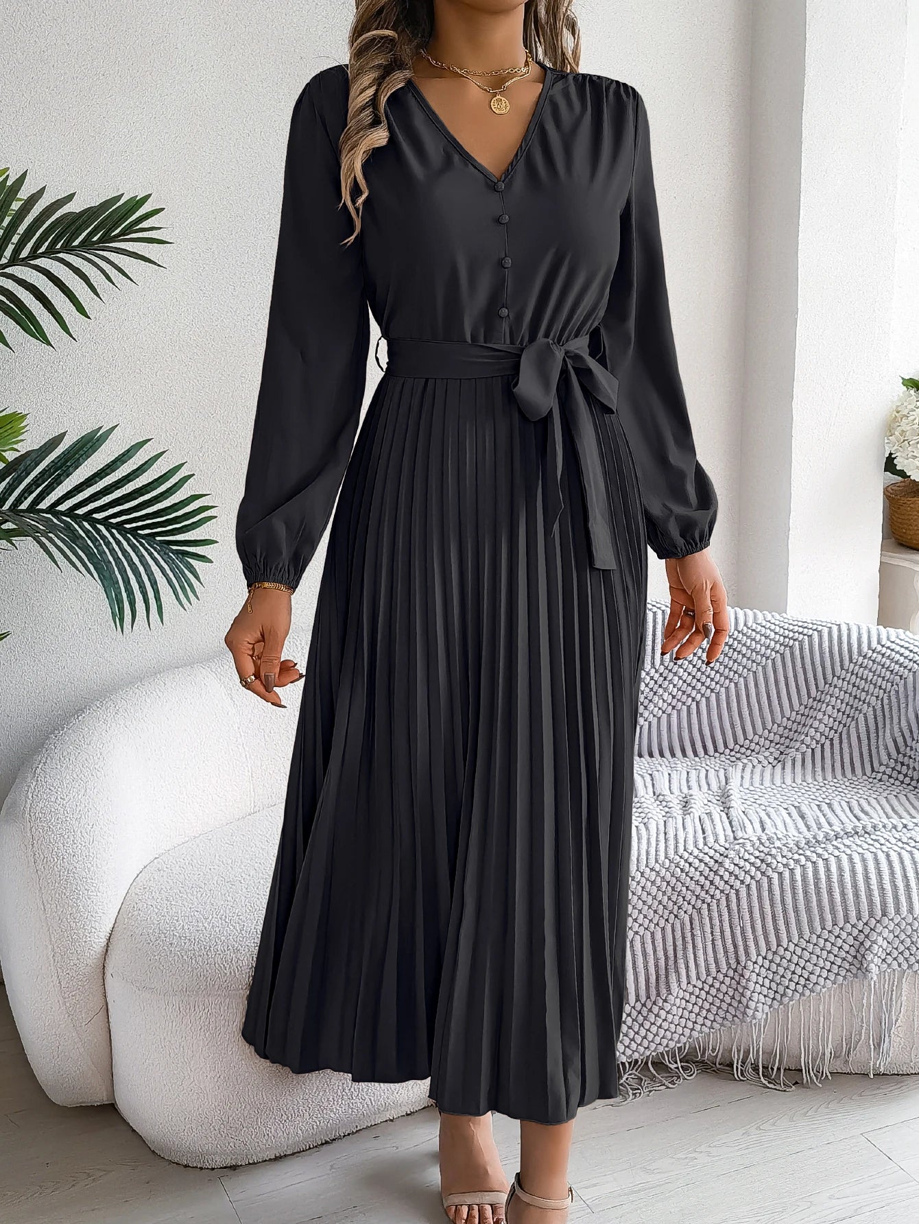 Autumn Winter Elegant V-Neck Button Belt Long Sleeved Solid Color Pleated Long Dress For Women Dresses