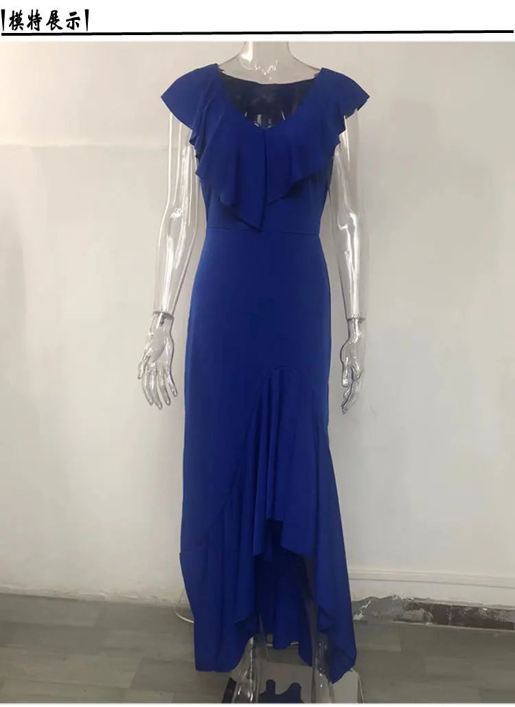 2023 Autumn New European and American Style V-Neck Long Dress with Ruffled Edge Irregular Elegant Dress Party Dress