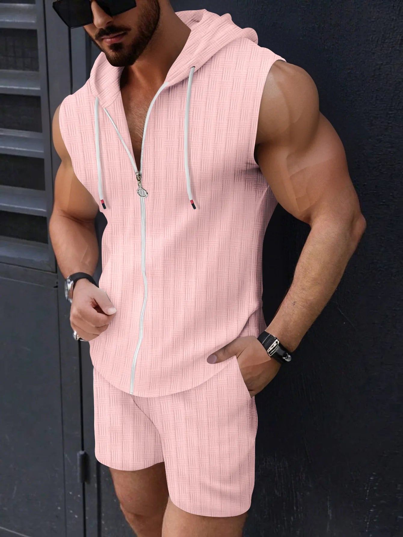 2025 Cross-border Summer New Fashion men's hooded set, zippered T-shirt, checkered sleeveless vest and shorts, two-piece set