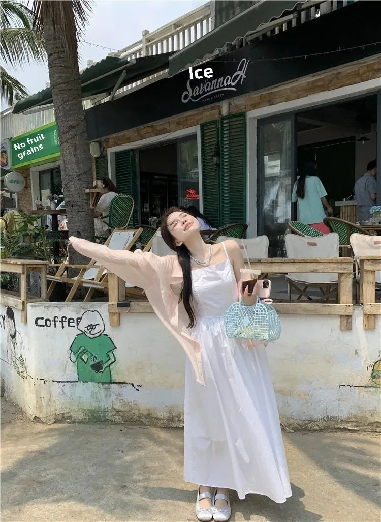 French Style Sexy Open-Back Blue Tank Dress Women's Summer Vacation Beach A- Line Long Dress Beach Vacation Dress