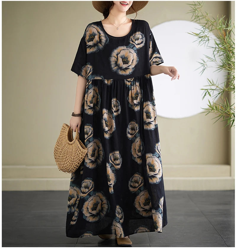 Oversized Summer Bohemian Style Long Dress Women Ruffle Pleated Fashion Flower Print Ladies Dresses Loose Casual Woman Dress