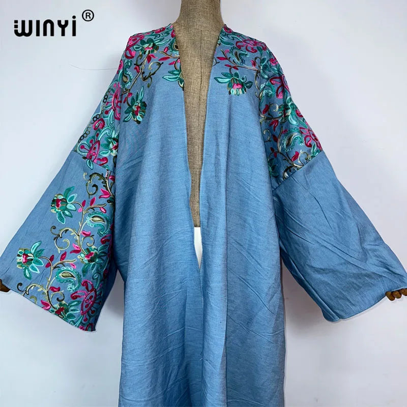 WINYI Embroidered soft denim cardigan Women coat Loose Long Dress elegant Party Boho maxi beach Holiday Swimming Cover Up Kimono