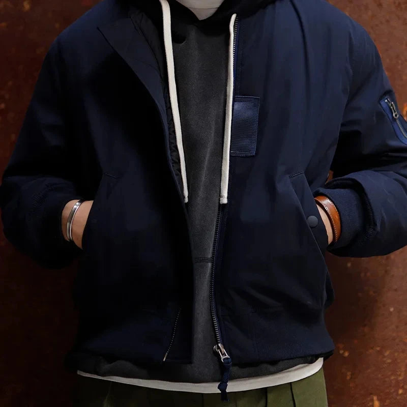 Maden Retro MA1 Bomber Jacket Thickened Splicing Baseball Flight Coat with Inner Pocket for Men's Winter Cotton Padded Jacket