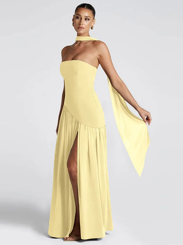 Elegant Yellow Gauze Off Shoulder Scarf Neack Long Dress Women Fashion Sleeveless A-line Vestido 2025 Summer Vocation Party Robe