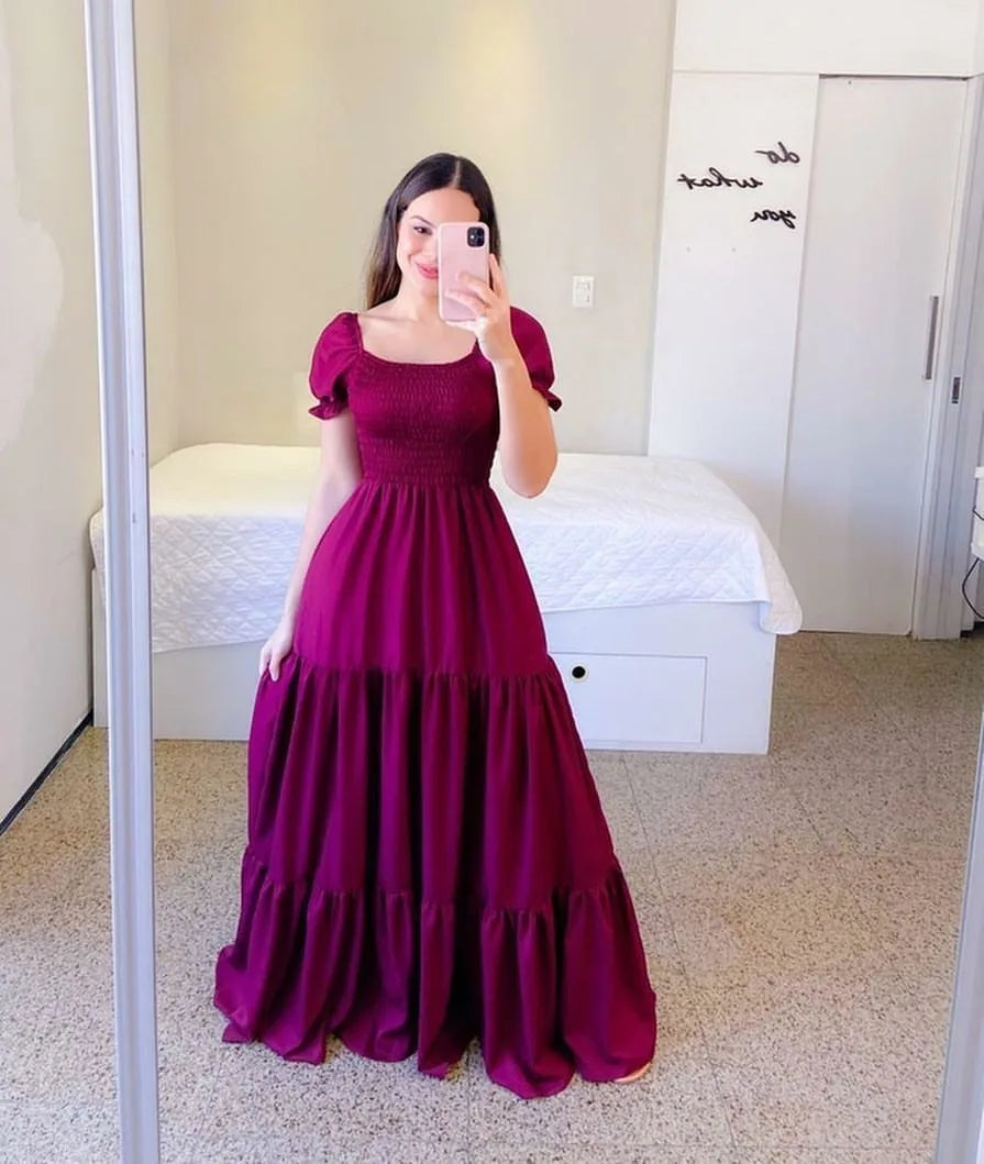 2025 Spring Summer New Women Closing Solid Color Square Collar Short Sleeve Long Dress Vestidos Largos vestidos verano moda 2024