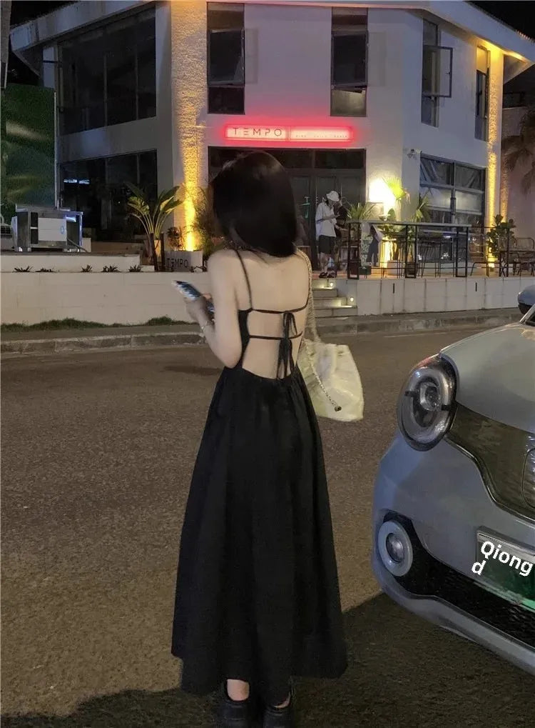 French Style Sexy Open-Back Blue Tank Dress Women's Summer Vacation Beach A- Line Long Dress Beach Vacation Dress