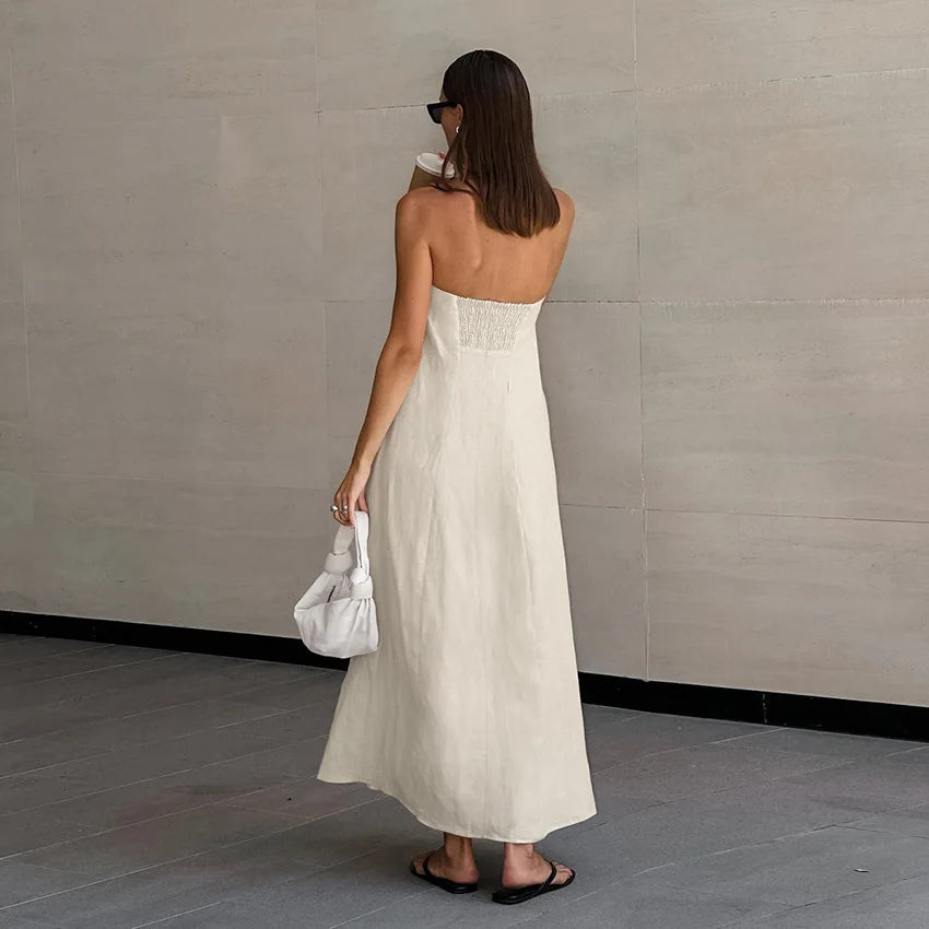 2025 Women Summer Sleeveless Sexy Long Dress 45% Cotton And 55% Linen Loose Style Strapless Maxi Dress Vestidos Clothes