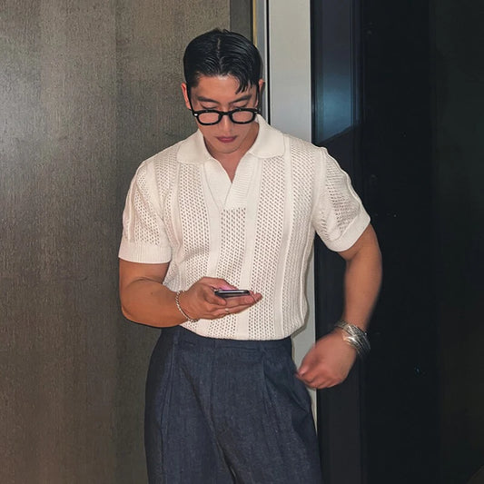 Men's Clothing Luxury Korean Popular Hollow Out Polo Shirt Leisure V Neck Short Sleeve Solid Color Retro Streetwear Knitwear