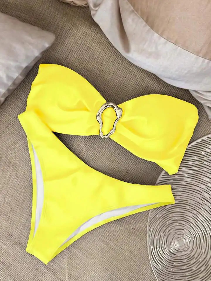 Sexy Solid Strapless Bikini 2 Piece Set Women Split Swimsuit Low Waist Beach Backless Bikini 2025 New Summer Swimwear Bikini Set