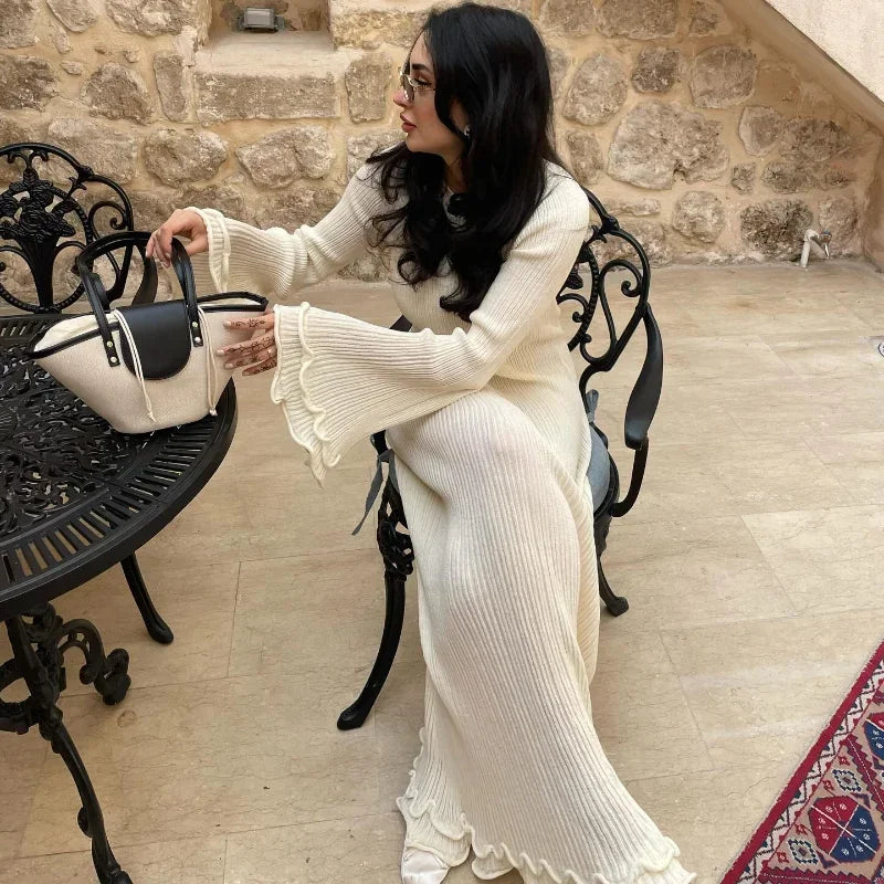 Fashion Solid Ruffles Pleated Loose Long Dress Women Elegant Round Neck Flare Long Sleeves Maxi Dresses Lady High Street Wear