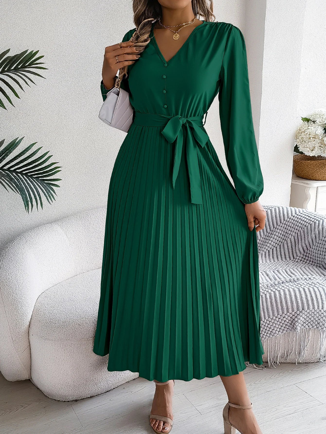 Autumn Winter Elegant V-Neck Button Belt Long Sleeved Solid Color Pleated Long Dress For Women Dresses