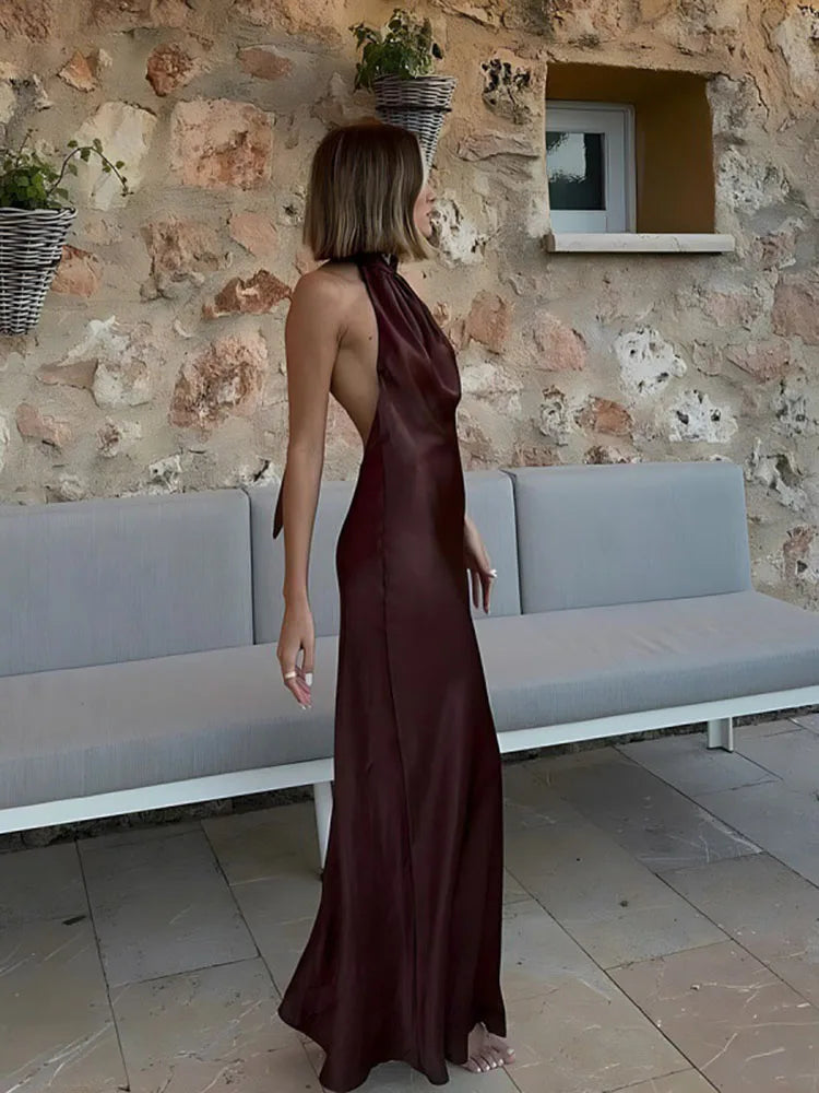 Halter Satin Long Dress Women Tied Backless Brown Midi Dress Summer Off Shoulder Party Dresses Pleated Evening Dress