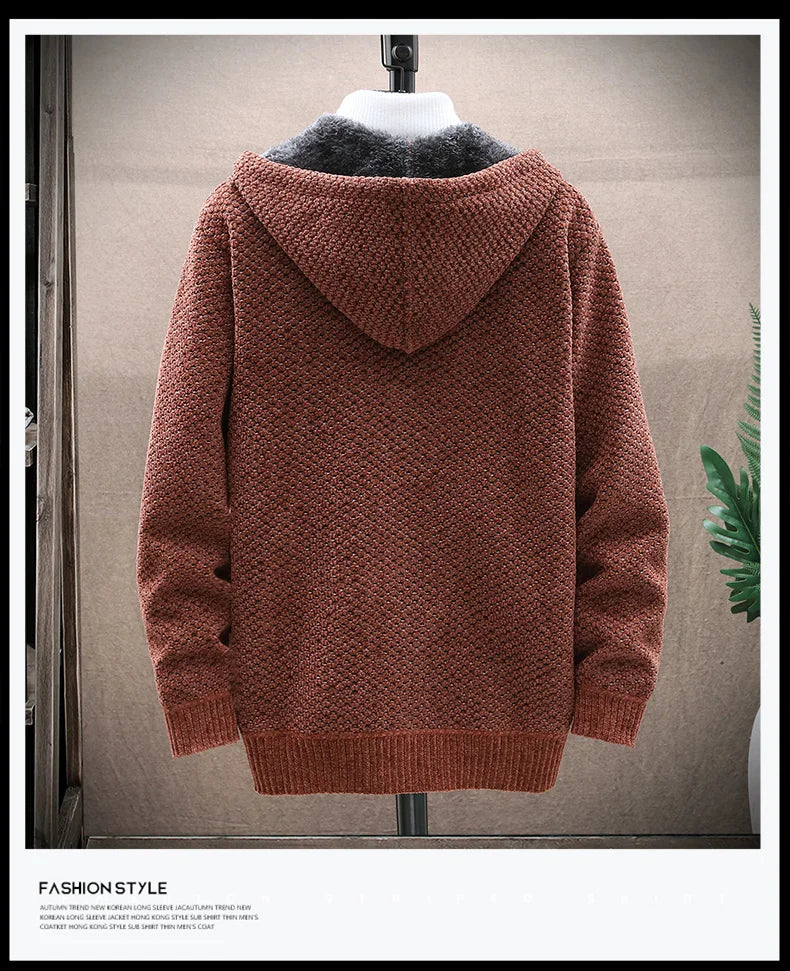 Men Cardigan Winter Hooded Solid Sweater Autumn Winter Fleece Warm Casual Sweatercoat Male Zipper Knitted Cardigans Men Clothing