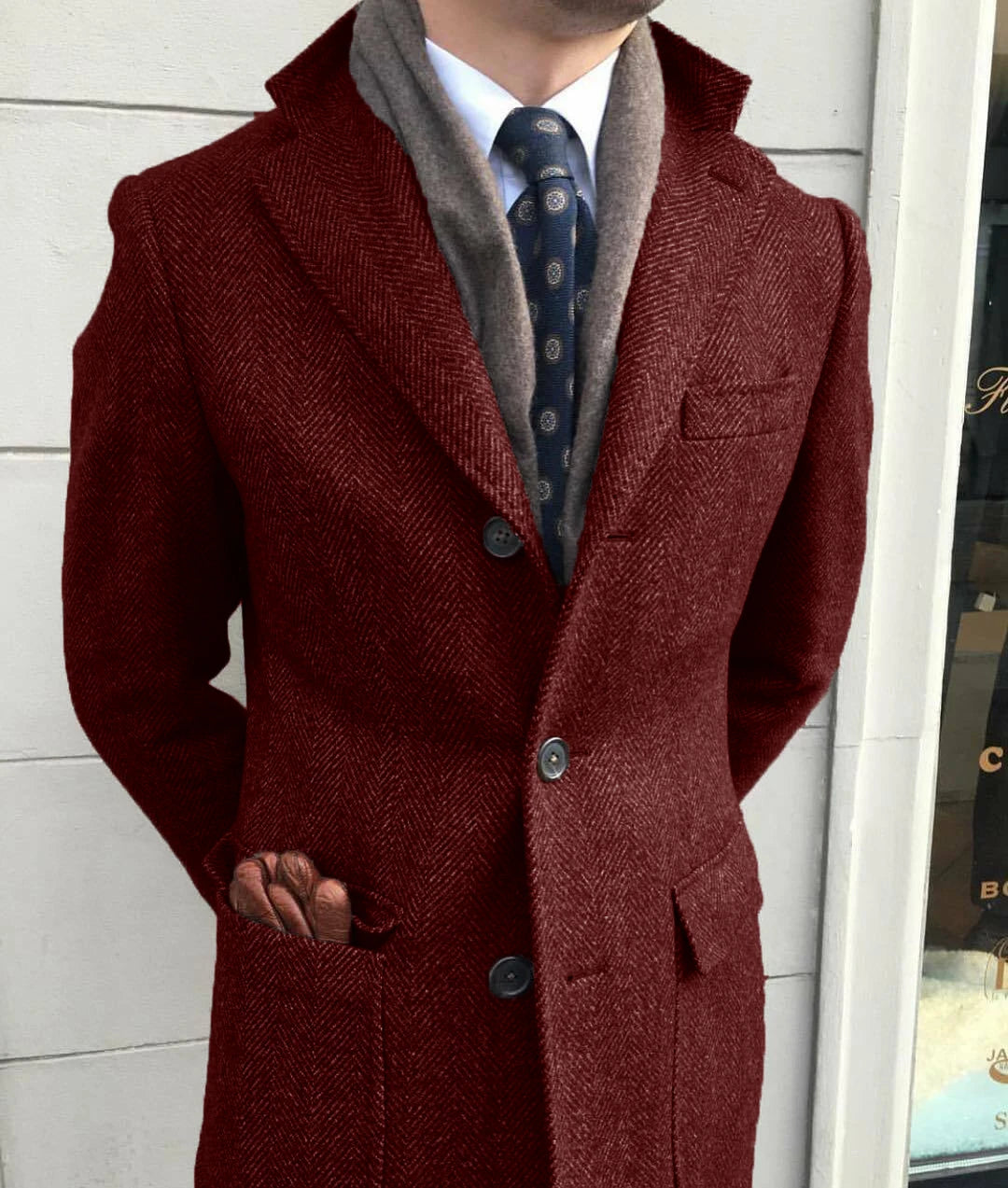Men's Windbreaker Classic Herringbone Tweed Wool Blend Suit Jacket Winter Warm Long Coat Outdoor Sports Coat erkek mont