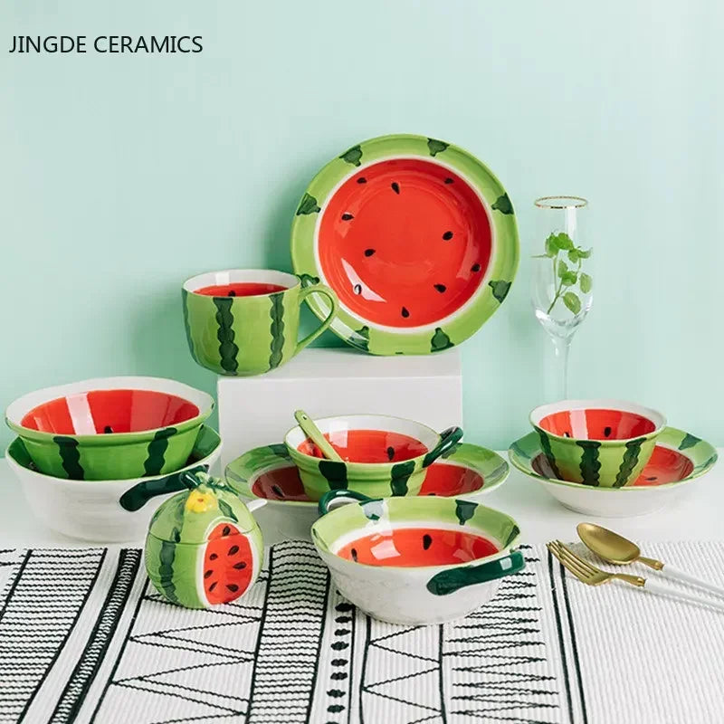 Watermelon Bowl Ceramic Bowl Plate Set Home Ramen Bowl Cute Hand-painted Tableware Children's Rice Bowls Kitchen Accessories