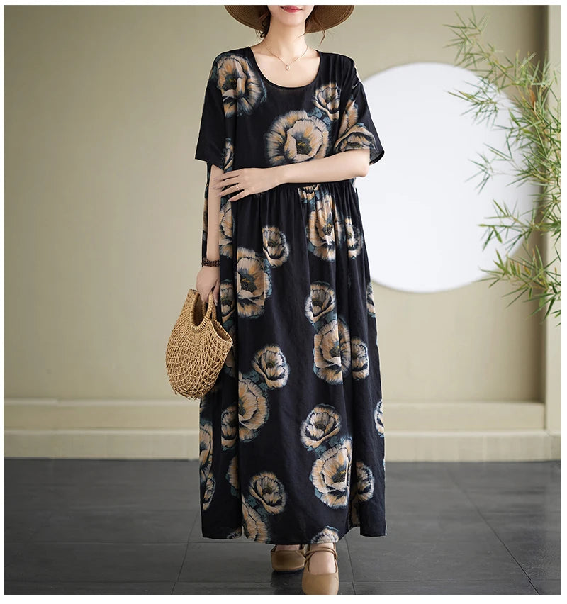 Oversized Summer Bohemian Style Long Dress Women Ruffle Pleated Fashion Flower Print Ladies Dresses Loose Casual Woman Dress