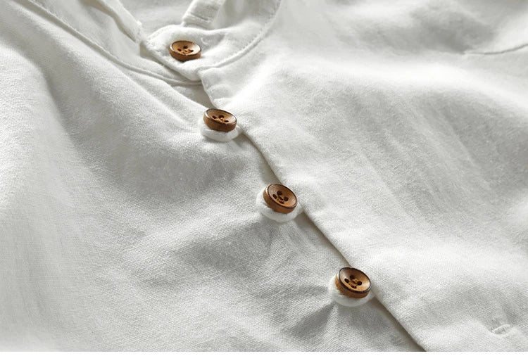 Men Spring Autumn Japan Vintage Style Cotton Linen Shirts Stand Collar Slim Fit Single Breasted Simple Design Soft Casual Shirt