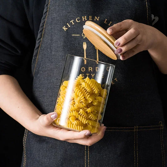 Kitchen Storage Tank Food Container Bambo Covered High Borosilicate Food Sealed Glass Tank Kitchen Miscellaneous Grain Organizer