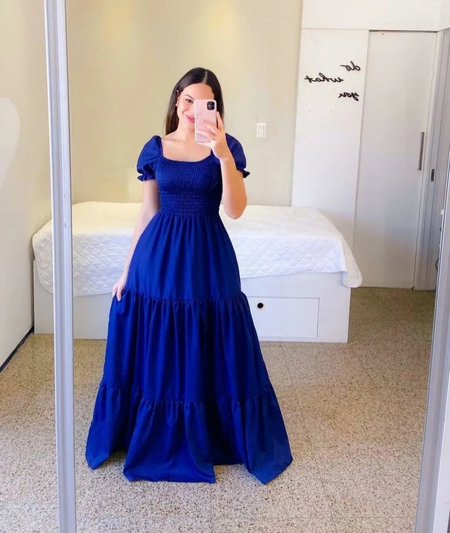 2025 Spring Summer New Women Closing Solid Color Square Collar Short Sleeve Long Dress Vestidos Largos vestidos verano moda 2024