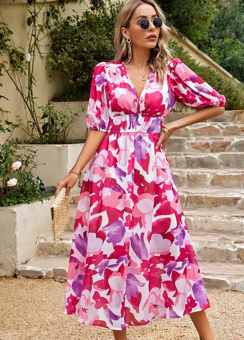 2024 Elegant High Quality Design summer long Dress Waist Cinching V-neck Print Elastic Waist Maxi  Dresses for Women Clothing