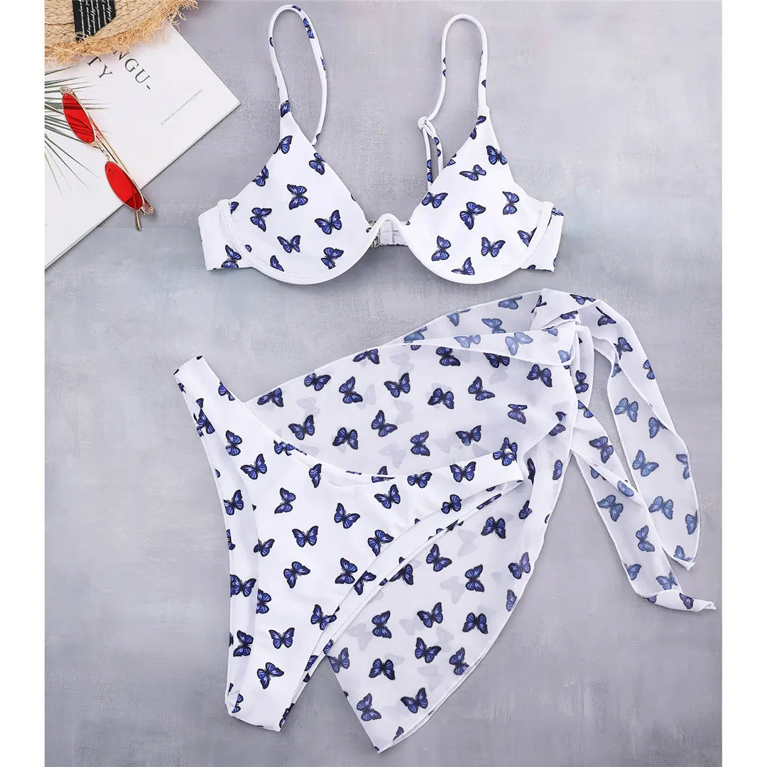 Butterfly V-bar Underwire Bikini Female Swimsuit Women Swimwear Three-pieces Bikini set Sarong Bather Bathing Suit Swim V3025