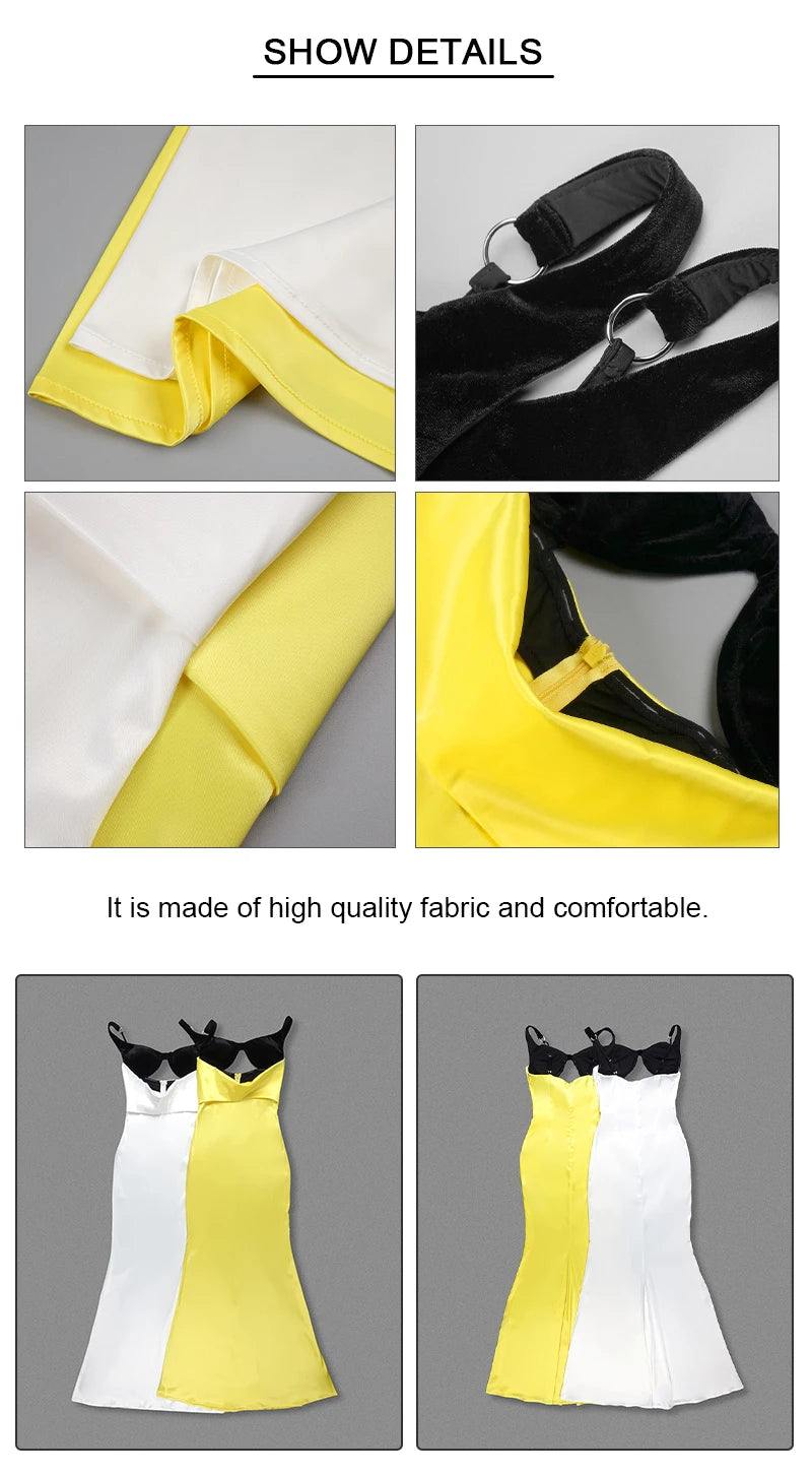 VC Women Cut-out Long Dress Temperament Contrast Color Combo V Neck Suspender Backless Slit Slim Mermaid Party Evening Gowns