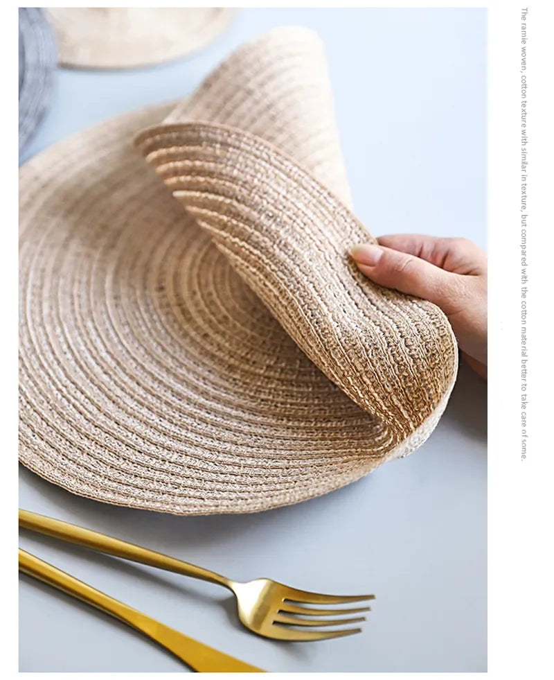 1pcs Round Table Mat Woven Ramie Placemats Anti Slip Dining Table Mats Non-Slip Tableware Bowl Pads Kitchen Drink Cup Coasters