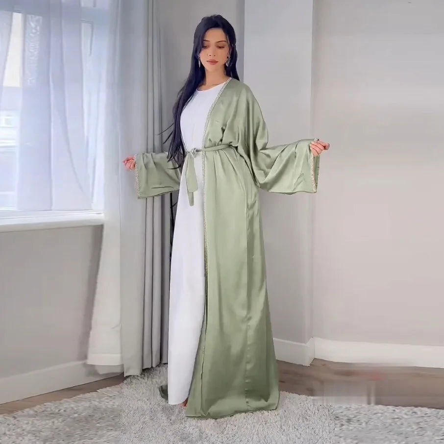 2024 Muslim Dress Diamond Women's Long Dress Fashion Long Sleeve Lace-up Long Abayas Casual Solid Color Clothes for Muslim Women