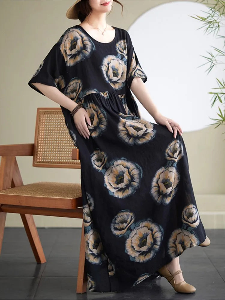 Oversized Summer Bohemian Style Long Dress Women Ruffle Pleated Fashion Flower Print Ladies Dresses Loose Casual Woman Dress
