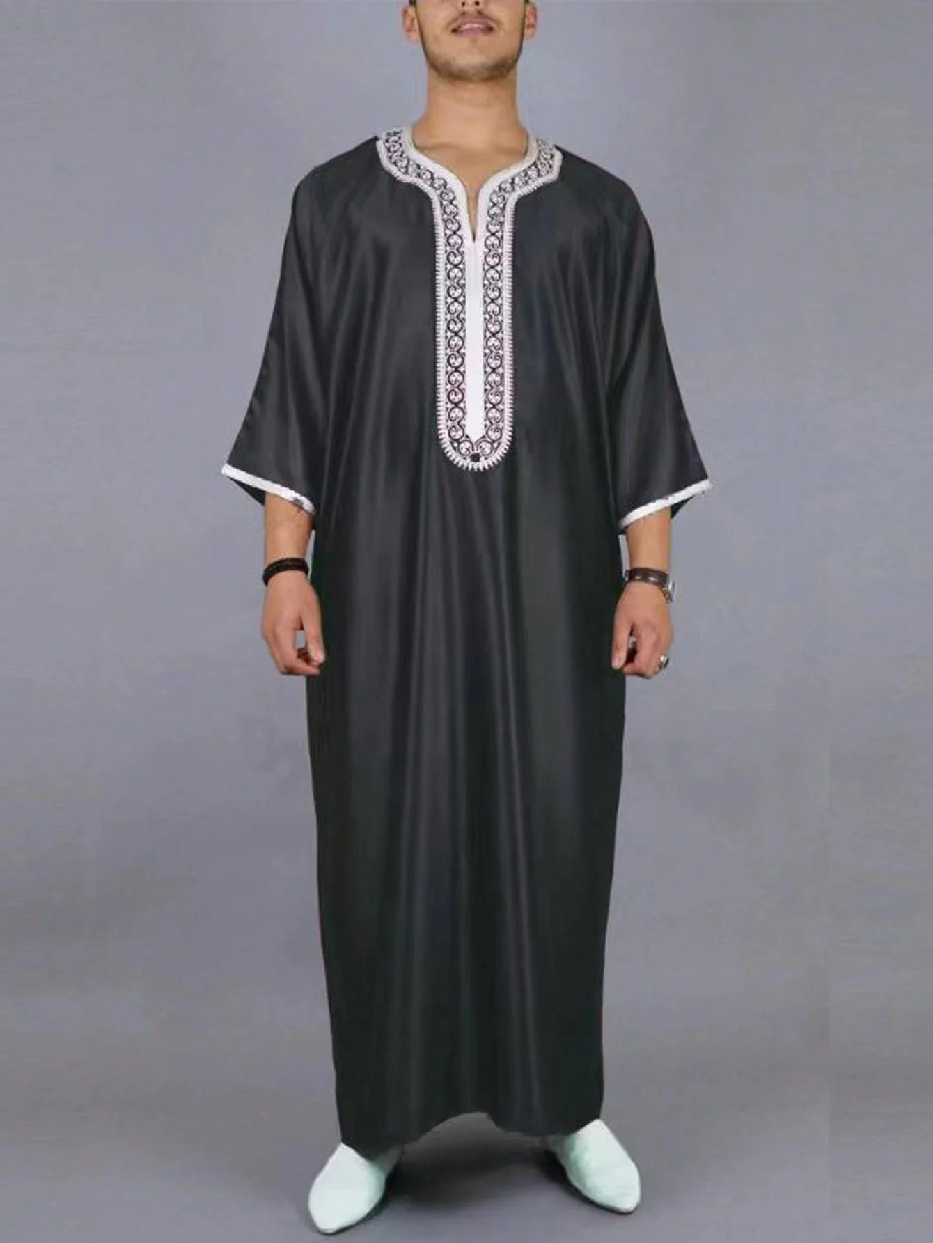 New Moroccan Green Arab Robe for Men Traditional Islamic Casual Clothing Embroidered Muslim Robe