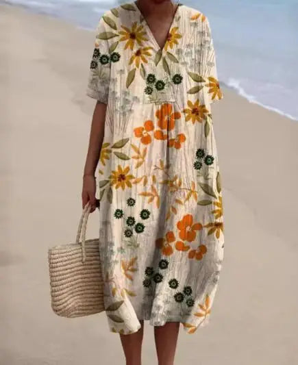 Summer Women Print Dress New Fashion V Neck Short Sleeve Loose Holiday Casual Dresses Female Beach Party Vestidos Robe Femme