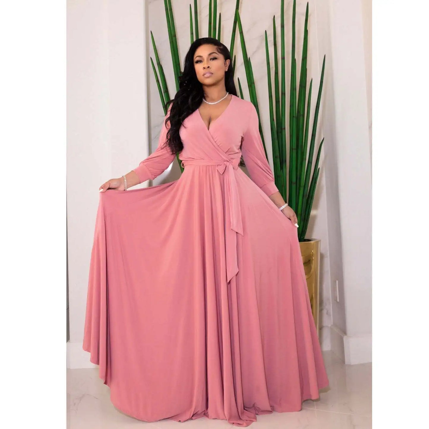 CM.YAYA Elegant Women Wraped V-neck Long Sleeve with Sashes Maxi Long Dress Chic INS Sexy Party Prom Big Swing Pink Dresses