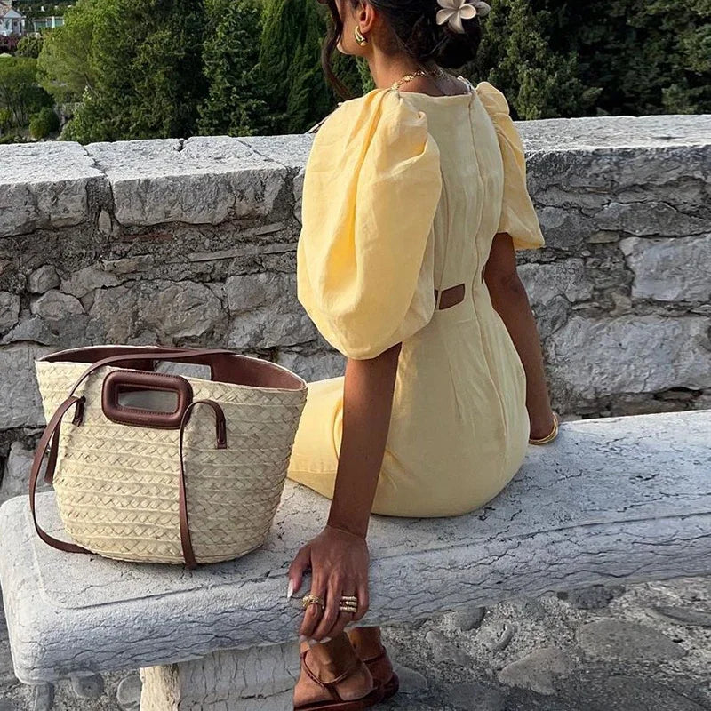 Women Sexy YellowSlash Neck Hollow Straight Show Waist Party Dresses Summer Elegant High waisted Slim Women Long Dress Vacation